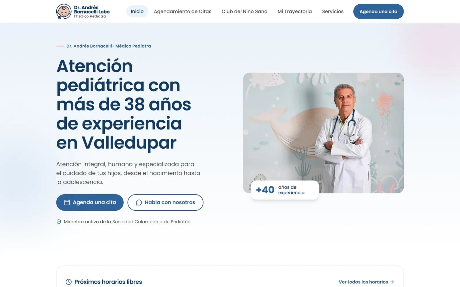 Página de inicio del sitio web del pediatra Andrés Bornacelli con el botón para agendar cita