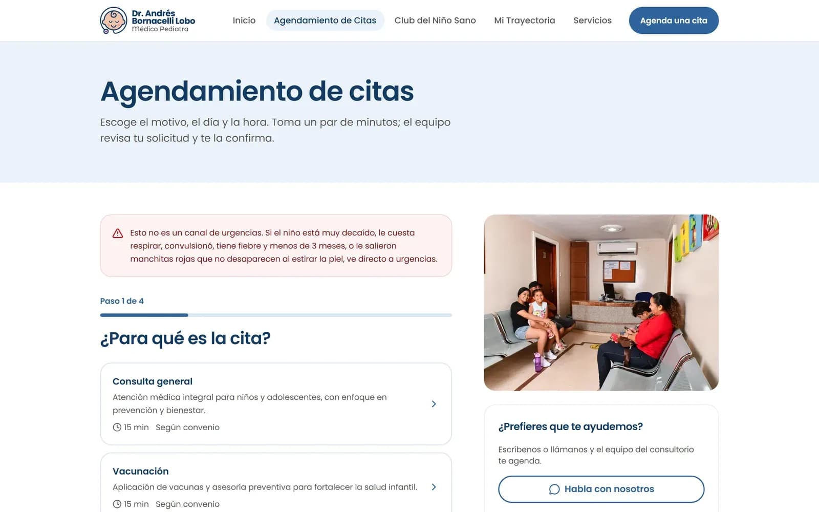 Agendamiento de citas en línea paso a paso del consultorio pediátrico