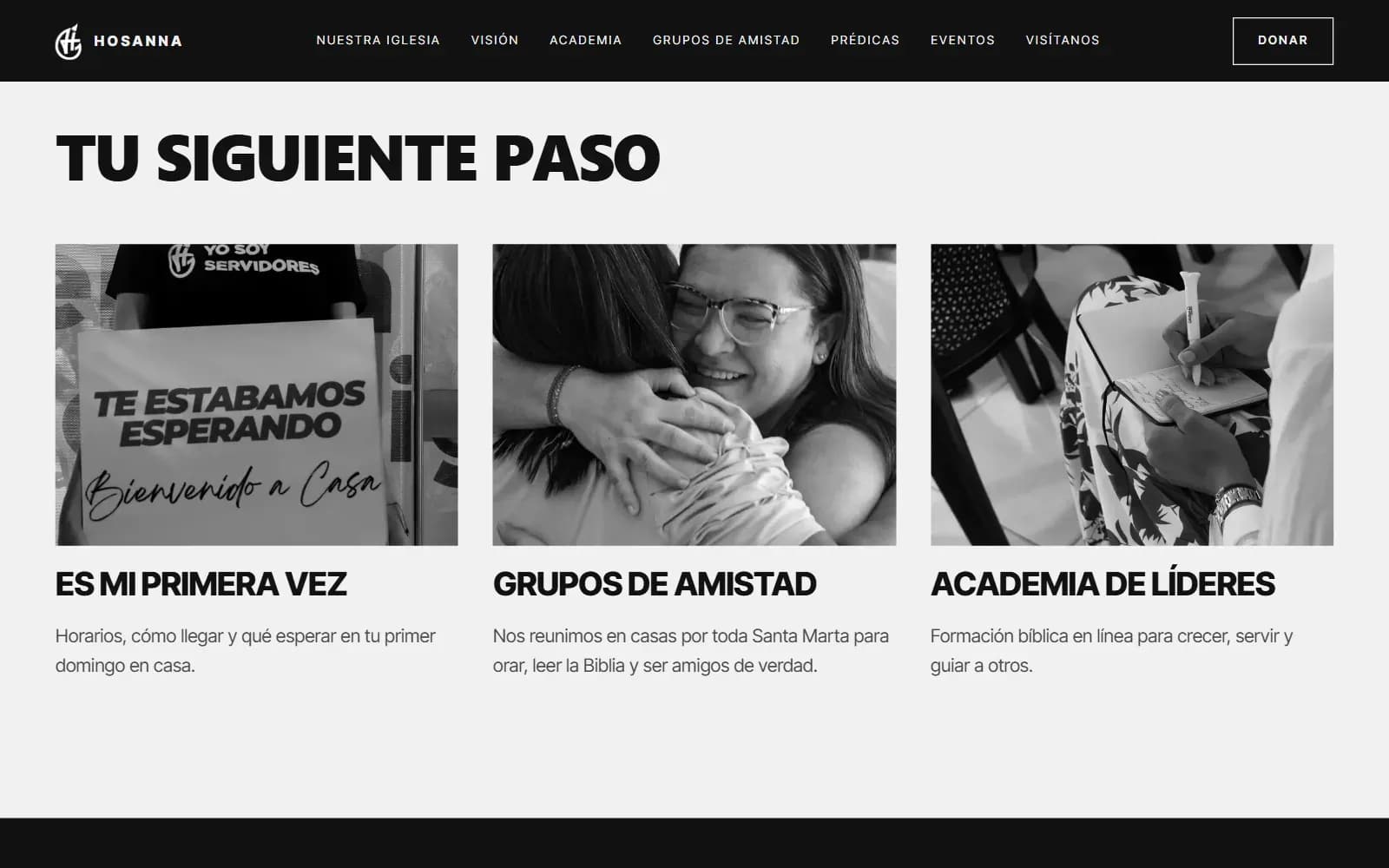 Accesos de la página de inicio a la primera visita, los Grupos de Amistad y la Academia de Líderes
