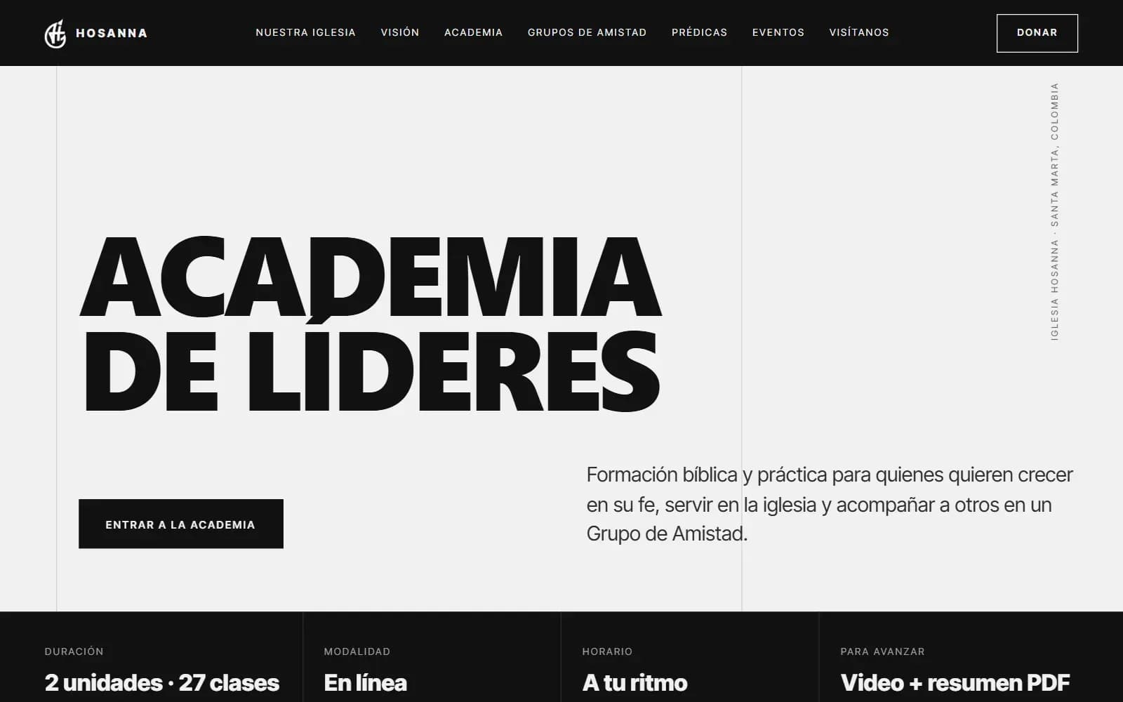 Página de la Academia de Líderes con la duración, la modalidad en línea y lo que se necesita para avanzar