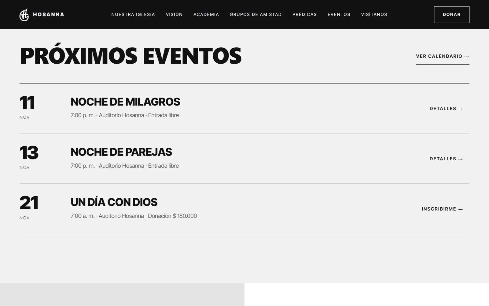 Próximos eventos de la iglesia con fecha, hora, lugar e inscripción